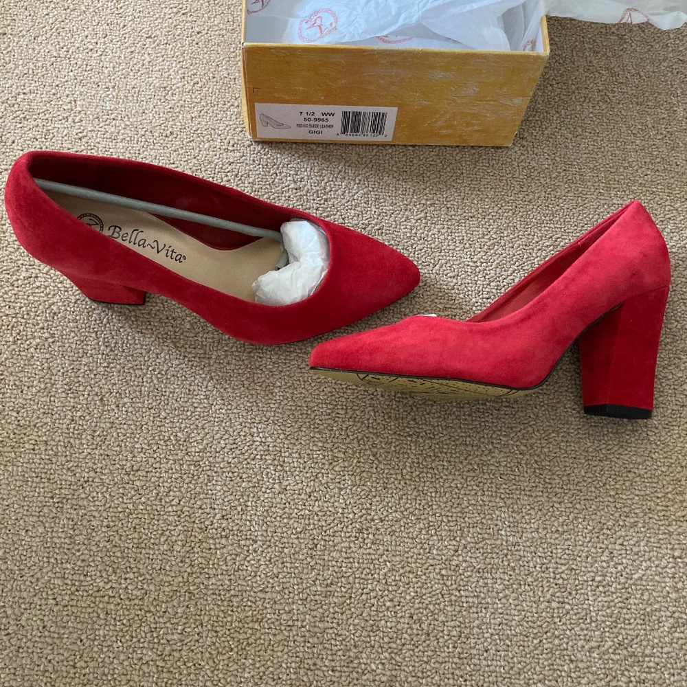 New red suede heels, size 7.5 extra wide